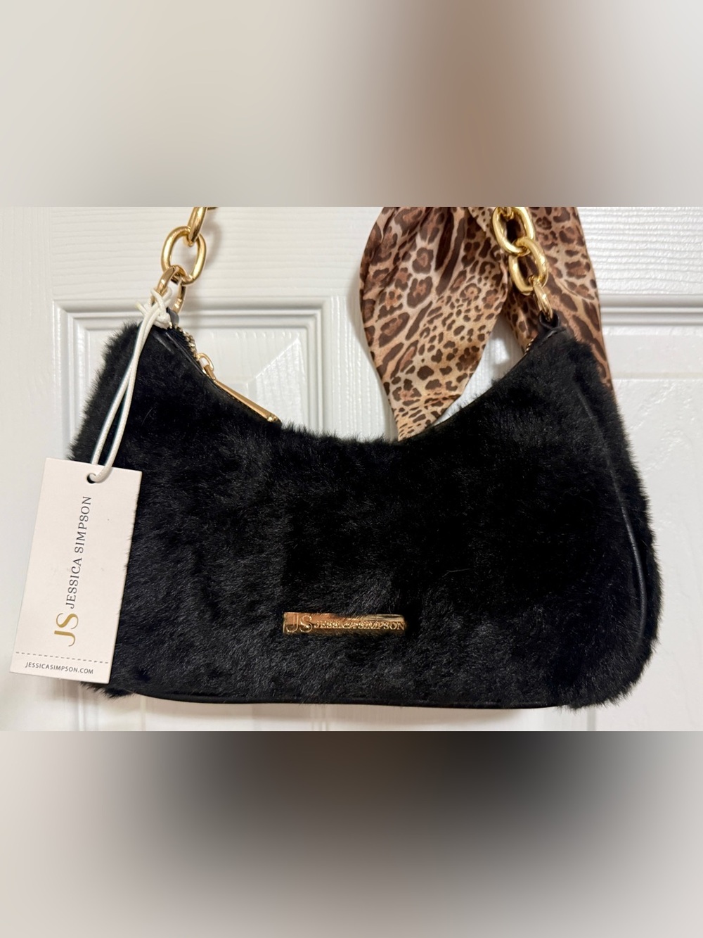 Jessica Simpson Black Faux Fur Shoulder Bag with Gold Chain and Leopard Scarf